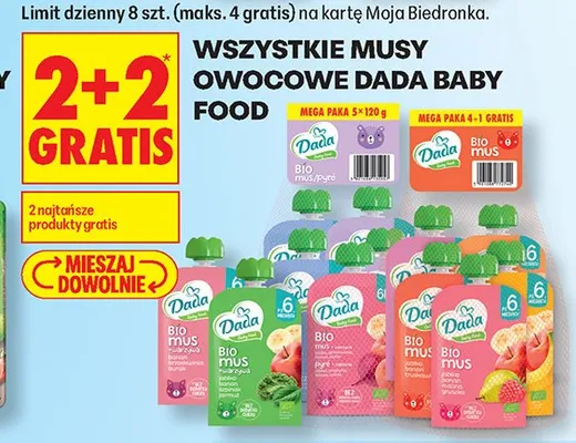 Mus owocowy Dada Bio Jabłko Truskawka Banan promocja w Biedronka