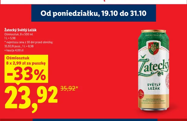 Piwo Žatecký Světlý Ležák 8-pak 500 ml promocja w Lidl
