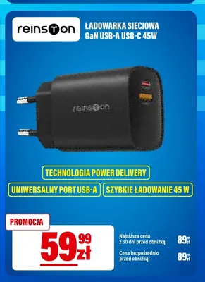 Ładowarka sieciowa Reinston GaN USB-A USB-C 45W promocja w RTV EURO AGD