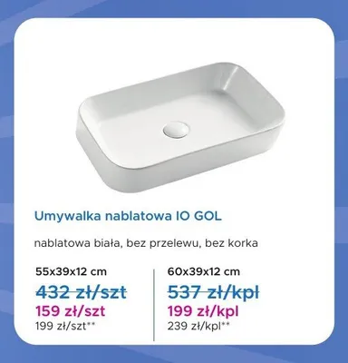 Umywalka nablatowa IO GOL 55x39x12 cm promocja w Blu Salony Łazienek