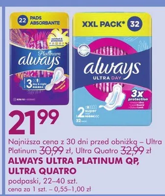 Podpaski always ultra platinum qp, ultra quatro promocja w Super-Pharm