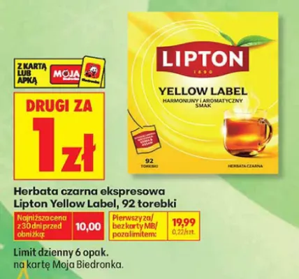 Herbata czarna ekspresowa Lipton Yellow Label promocja w Biedronka