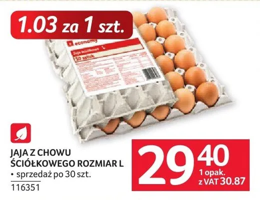 Jaja z chowu ściółkowego rozmiar L sprzedaż po 30 szt. promocja w Selgros