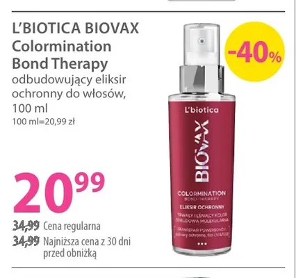 Odbudowujący eliksir ochronny do włosów L'biotica Biovax Colormination Bond Therapy promocja w Hebe