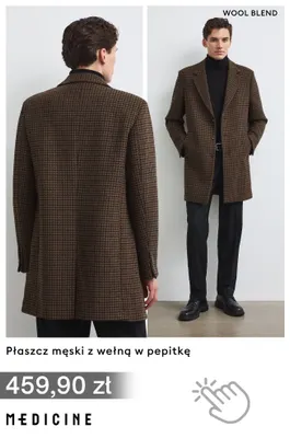 Płaszcz męski z wełną w pepitkę Medicine promocja w Medicine