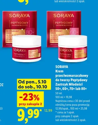 Krem przeciwzmarszczkowy do twarzy Peptydowy Zastrzyk Młodości 60+ Soraya promocja w Lidl