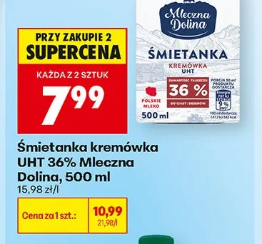 Śmietanka kremówka UHT 36% Mleczna Dolina promocja w Biedronka