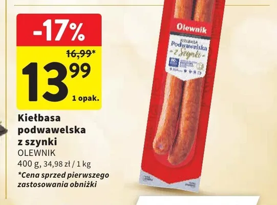Kiełbasa podwawelska z szynki Olewnik promocja w Intermarche