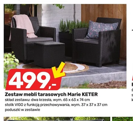 Zestaw mebli tarasowych Marie KETER skład zestawu: dwa krzesła wym. 65x63x74cm stolik VIGO z funkcją przechowywania wym. 37x37x37cm poduszki w zestawie promocja w Bricomarche