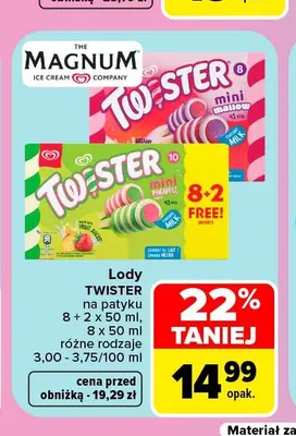 Lody na patyku Twister Mini Pineapple 10-pak promocja w Carrefour