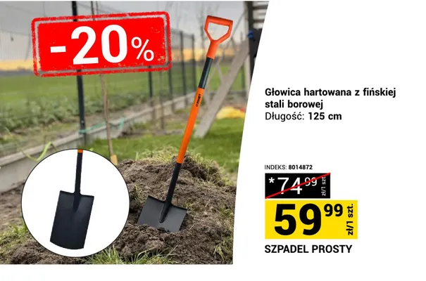 Szpadel prosty głowica hartowana z fińskiej stali borowej 125cm promocja w Merkury Market