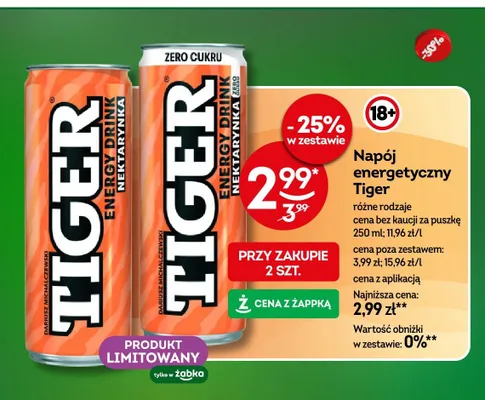 Napój energetyczny Tiger Nektarynka Zero Cukru promocja w Żabka