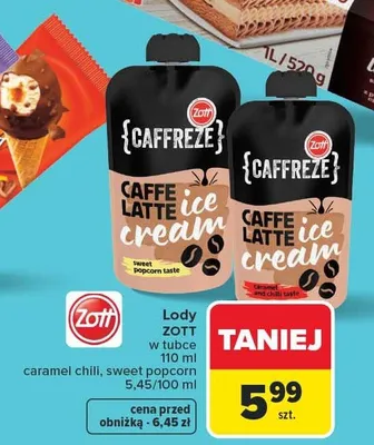 Lody w tubce Zott Caffreze caramel chili promocja w Carrefour