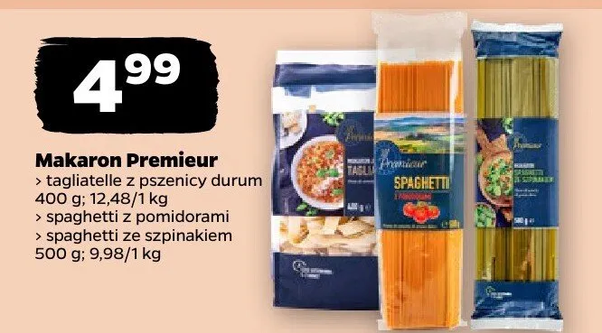 Makaron Premieur tagliatelle z pszenicy durum, spaghetti z pomidorami, spaghetti ze szpinakiem promocja w Netto