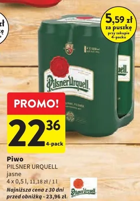 Piwo Pilsner Urquell Jasne 4-pak 500 ml promocja w Intermarche