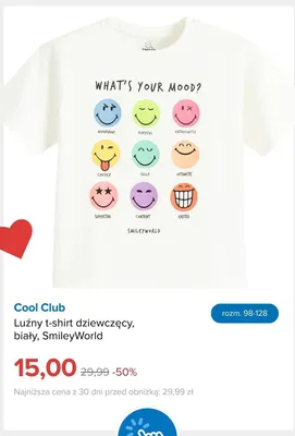 Luźny t-shirt dziewczęcy biały SmileyWorld promocja w Smyk