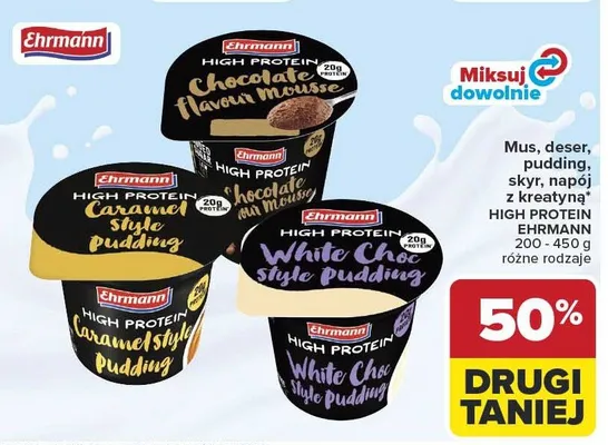 Mus, deser, pudding, skyr, napój z kreatyny High Protein różne rodzaje promocja w Carrefour Market