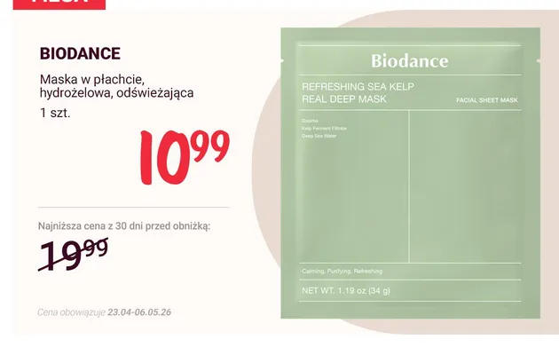 Maska w płachcie hydrożelowa odświeżająca Biodance Refreshing Sea Kelp Real Deep Mask promocja w Rossmann