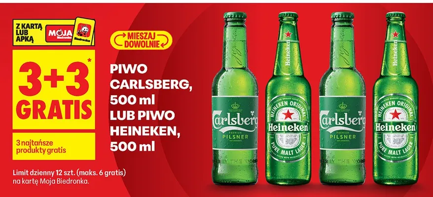 Piwo Heineken 3+3 GRATIS promocja w Biedronka