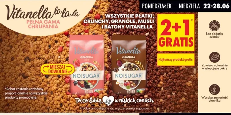Granola z kakao i orzechami Vitanella No Sugar promocja w Biedronka