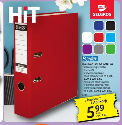 Segregator A4 BANTEX szerokości grzbietu 7,5 i 5cm promocja w Selgros