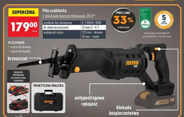 Piła szablasta z silnikiem bezszczotkowym NITEO PRO 20V promocja w Biedronka