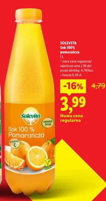 Sok 100% pomarańcza Solevita promocja w Lidl