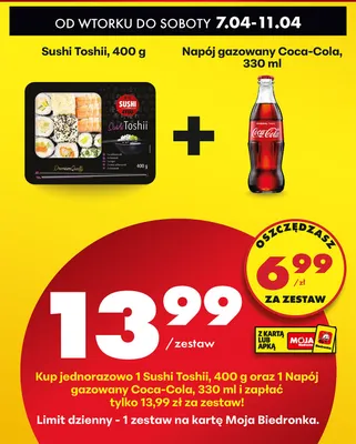Zestaw: sushi Toshii 400 g + napój gazowany Coca-Cola 330 ml promocja w Biedronka