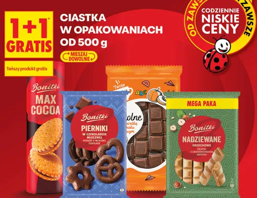 Ciastka w opakowaniach 1+1 GRATIS promocja w Biedronka