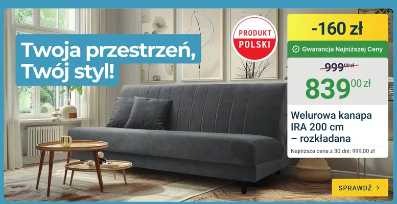Welurowa kanapa IRA 200cm - rozkładana promocja w ERLI