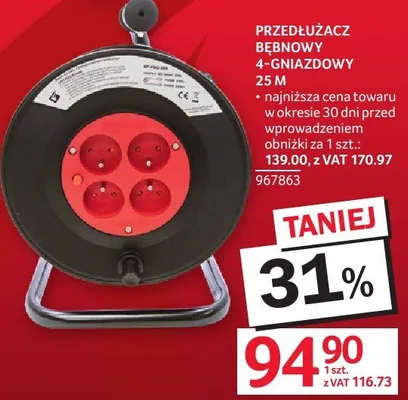 Przedłużacz bębnowy 4-gniazdowy 25 m promocja w Selgros
