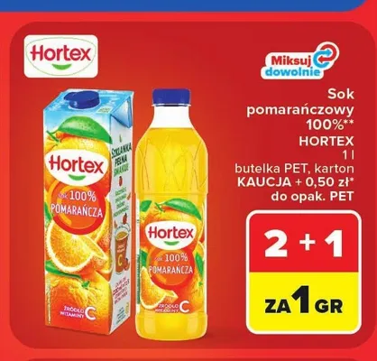 Sok pomarańczowy 100% Hortex butelka promocja w Carrefour