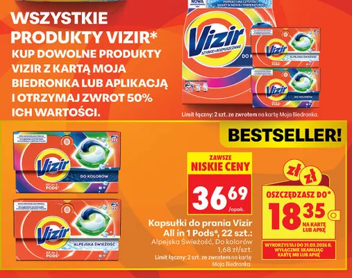 Kapsułki do prania Vizir All in 1 Pods Do kolorów promocja w Biedronka
