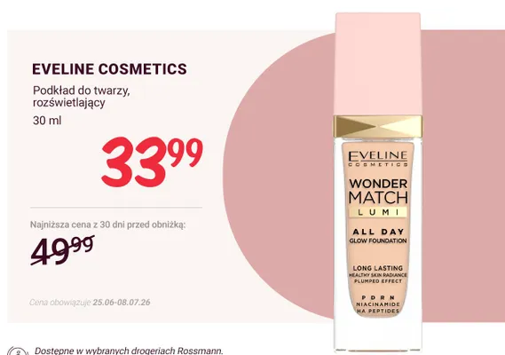 Podkład do twarzy rozświetlający Eveline Cosmetics Wonder Match Lumi promocja w Rossmann