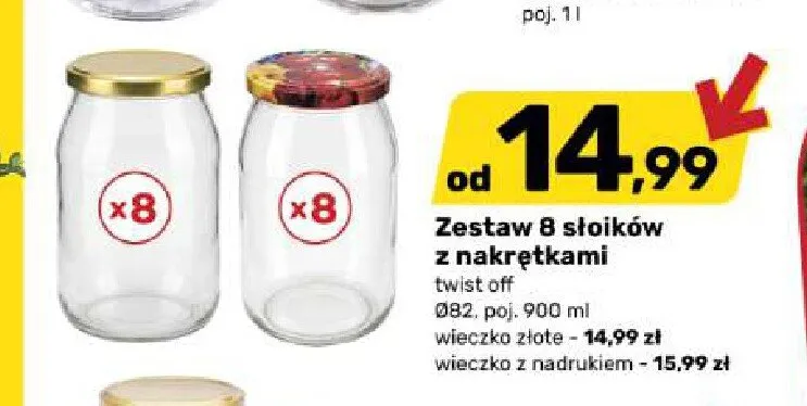 Zestaw 8 słoików z nakrętkami 900 ml wieczko złote promocja w Bricomarche