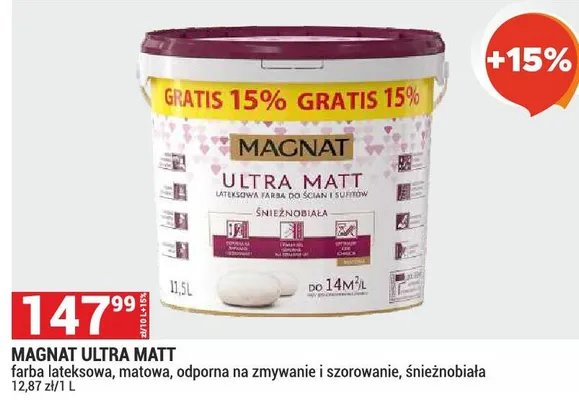 Magnat Ultra Matt farba lateksowa matowa odporna na zmywanie i szorowanie śnieżnobiała promocja w Merkury Market