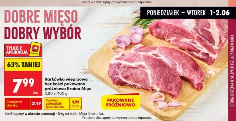 Karkówka wieprzowa bez kości pakowana próżniowo Kraina Mięs promocja w Biedronka