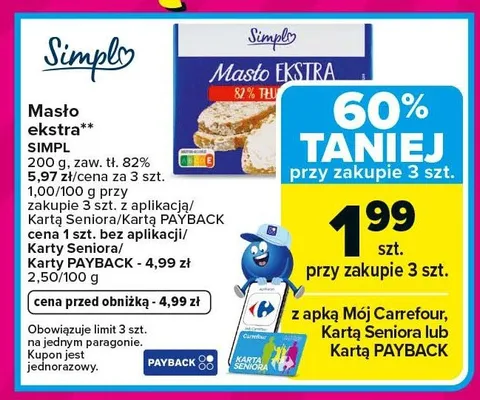 Masło ekstra SIMPL zaw. tł. 82% promocja w Carrefour Market