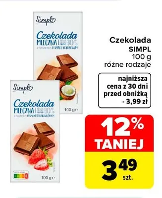 Czekolada mleczna o smaku truskawkowym Simply promocja w Carrefour Market