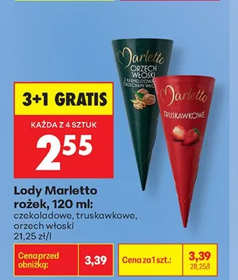 Lody Marletto rożek truskawkowe promocja w Biedronka