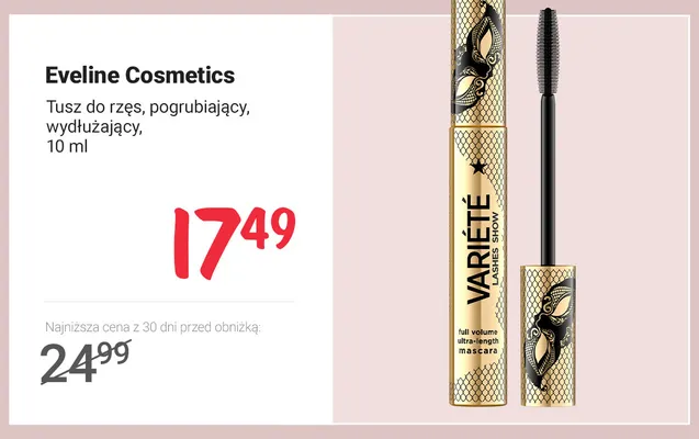 Tusz do rzęs pogrubiający wydłużający Eveline Cosmetics promocja w Rossmann