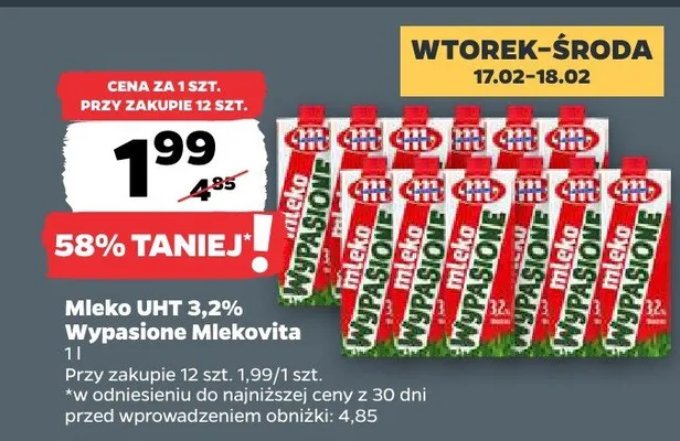 Mleko UHT 3,2% wypasione Mlekovita promocja w Netto