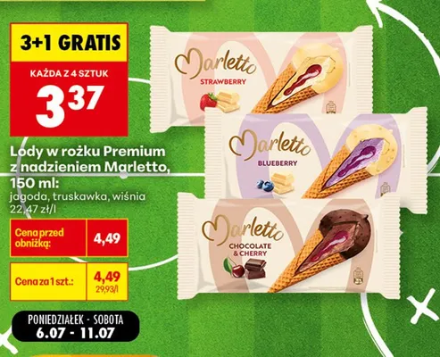 Lody w rożku Premium z nadzieniem wiśnia Marletto promocja w Biedronka
