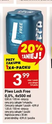 Piwo bezalkoholowe Lech Free 0,0% 4-pak 500 ml promocja w Twój Market