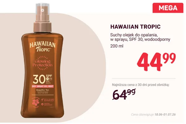 Suchy olejek do opalania w sprayu SPF 30 wodoodporny Hawaiian Tropic promocja w Rossmann