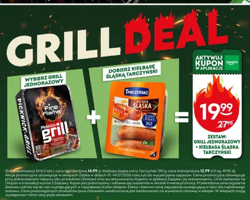 Zestaw grill jednorazowy + kiełbasa śląska Tarczyński promocja w Żabka
