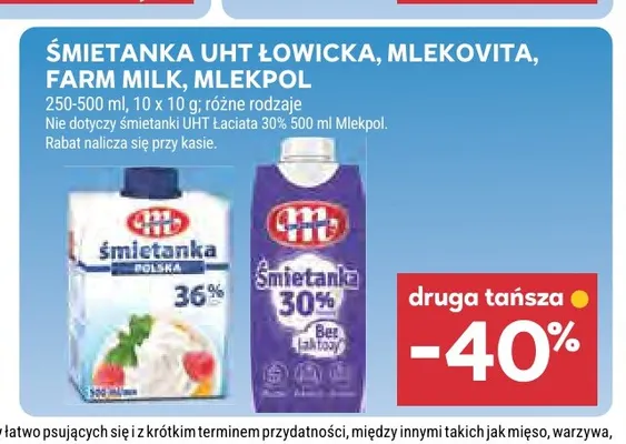 Śmietanka UHT Łowicka Mlekovita Farm Milk Mlekpol promocja w Stokrotka