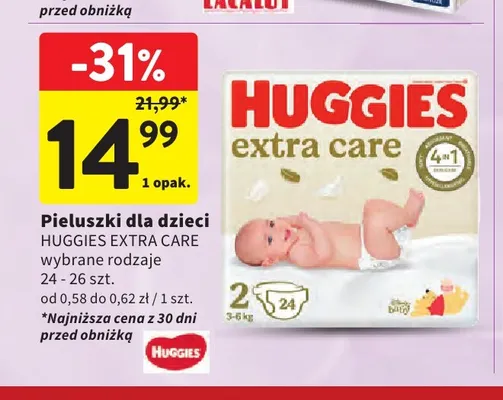 Pieluszki dla dzieci Huggies Extra Care 24-26 szt. promocja w Intermarche