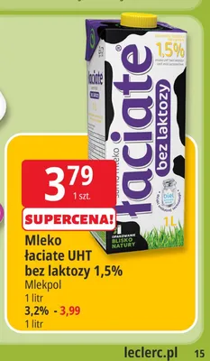 Mleko łaciate UHT bez laktozy 1,5% Mlekpol promocja w Leclerc