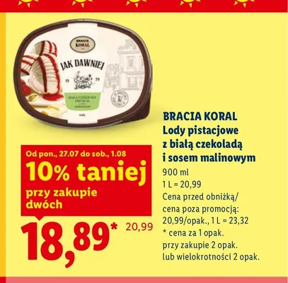 Lody pistacjowe z białą czekoladą i sosem malinowym Bracia Koral promocja w Lidl